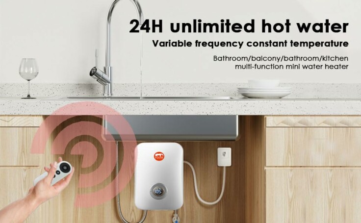 Water heater with splash design and multiple uses shown.