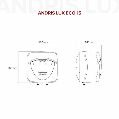 Technical diagram of Andris Lux Eco 15 water heater with dimensions.