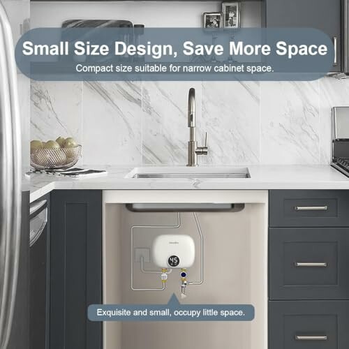 Compact water heater installation under kitchen sink with small size design.