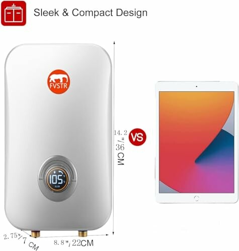 Compact water heater compared to tablet with dimensions.