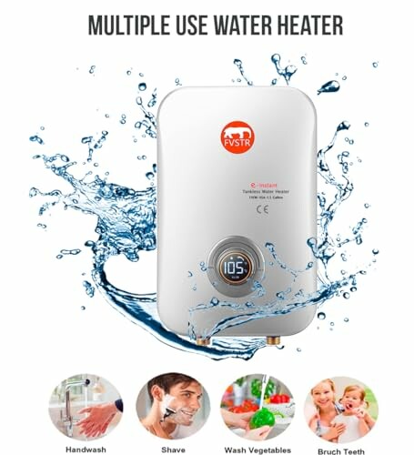 Water heater with splash design and multiple uses shown.